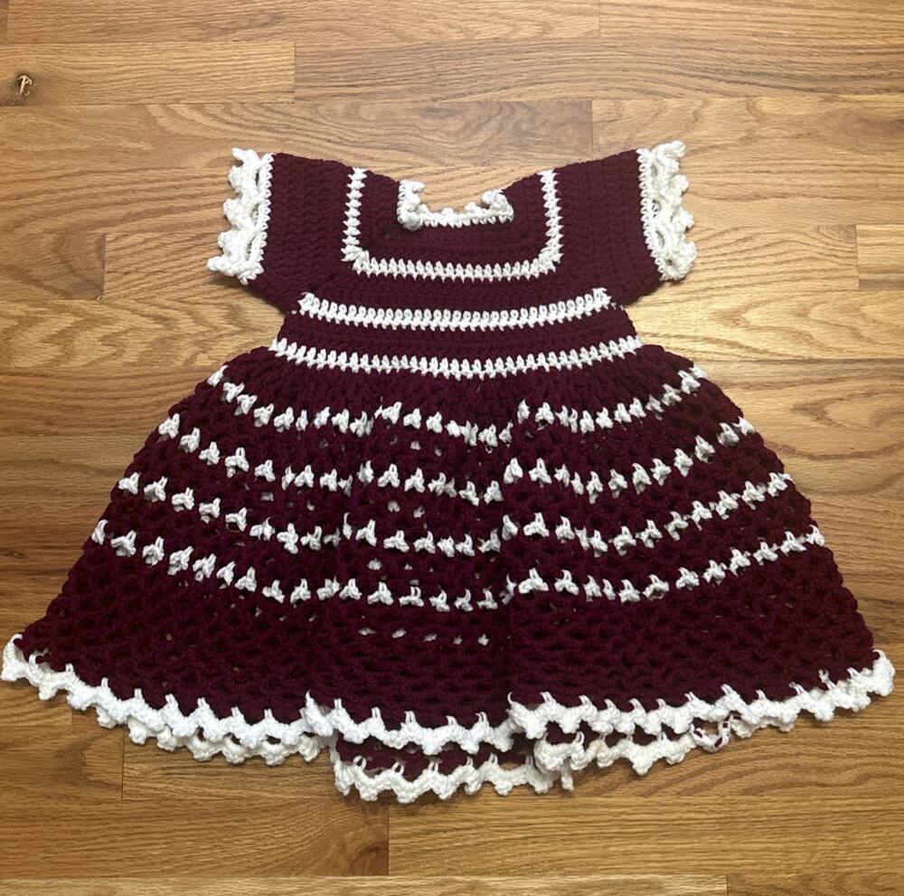 Vintage Handmade Crochet Baby Toddler Dress Burgundy Maroon White Size 3T/4T